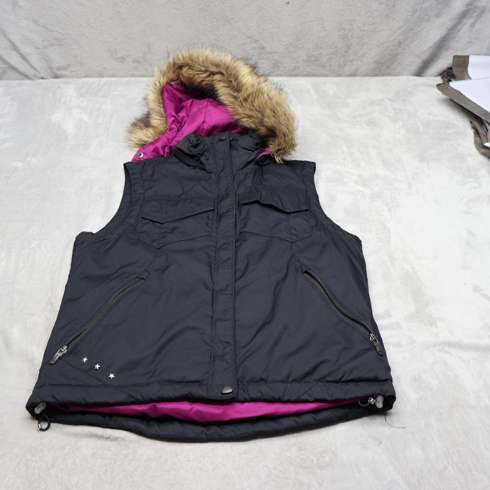 Columbia Down Vest Womens Small Black Insulated Detachable Faux Fur Trim Hood